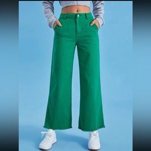 Green wide leg raw hem jeans